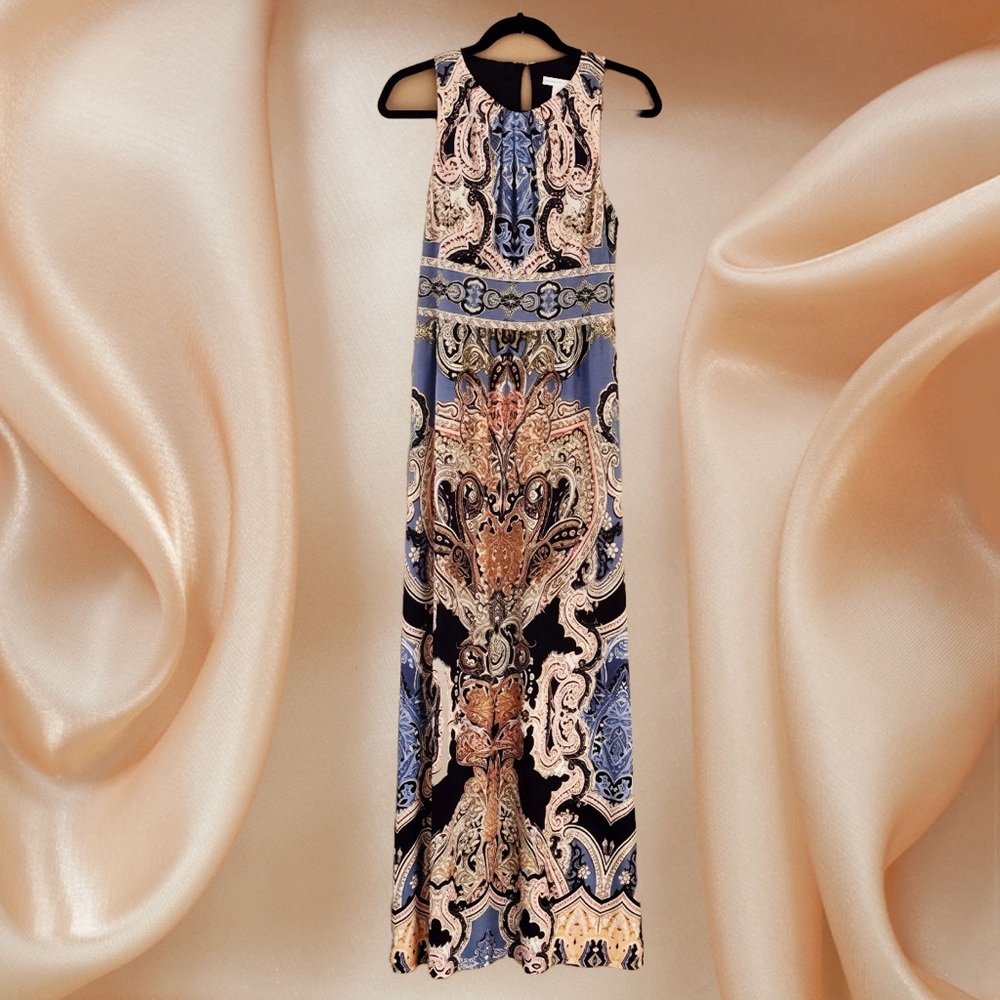 London Times Blue Tan Halter Maxi Sundress